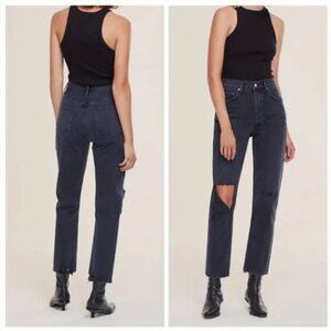 AGOLDE Riley High Rise Straight Jeans Crop Contraband Washed Black Button Fly 31